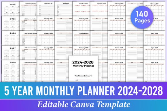 5 Year Monthly Planner 2024-2028 Canva: A Comprehensive Planning Tool for Long-Term Success